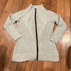 Venus sz L long zip up sweater gray with leather zipper detail